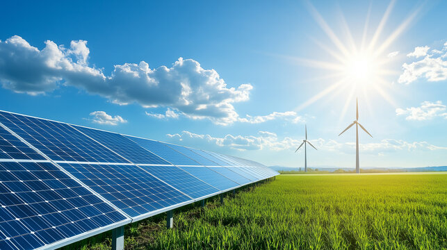 Shining sun over solar farm in wide open field, perfect for eco-friendly energy projects, renewable resource branding or sustainability advocacy visuals