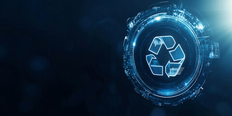 Digital recycling icon hovering over deep blue tech background, ideal for smart eco-solutions promotions, circular economy campaigns or green tech visuals