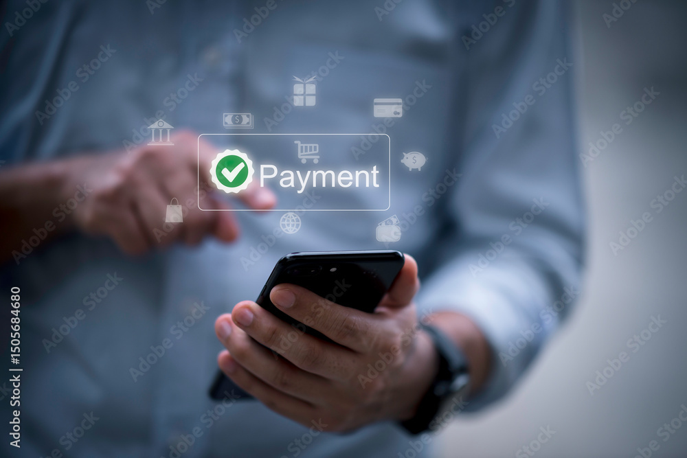 Poster man using smartphone for online payment with secure transaction, digital wallet system, and mobile b