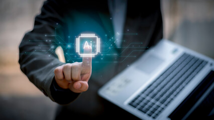 Fototapeta premium Concept for artificial intelligence, data processing, automation, innovation, and digital transformation.Businessman working with AI chip interface and big data flow structure.