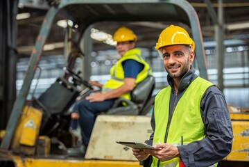 Portrait of forklift truck driver man smiling in old factory warehouse lifting pallet in storage...