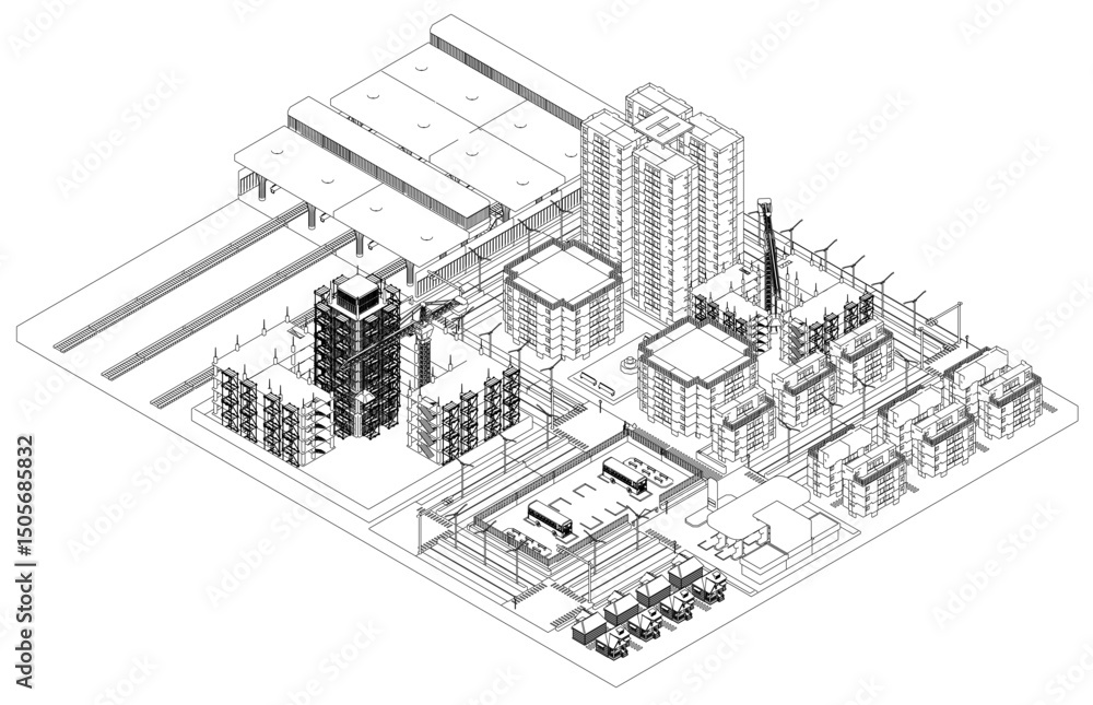 Poster a city block with a building in the middle. the building is a large office building. the street is e