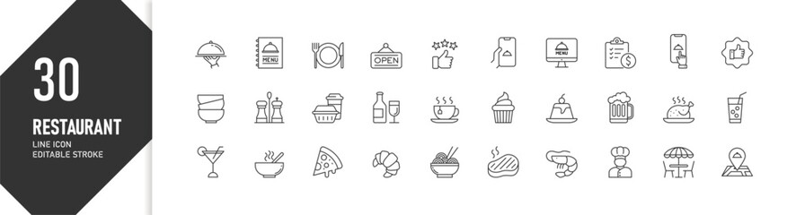30 restaurant line icons in modern outline style, editable stroke, for menu, delivery, rating app UI/UX, icon set
