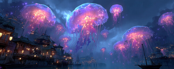 Obraz premium Magical jellyfish illuminate a fantastical cityscape with stunning lights and colors at night.