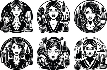 Spa Salon Beauty Icons Set - Black and White Illustrations. Diverse Beauty