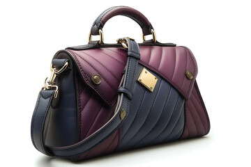 Elegant leather satchel features a striking color block pattern with quilted stitching detail on white
