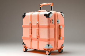 Eyecatching salmon suitcase stands upright showcasing its modern design and silver accents