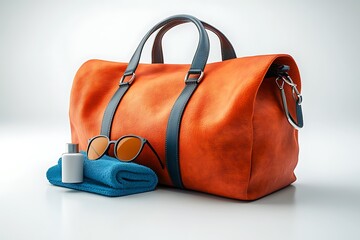 Orange leather duffel bag sits with sunglasses, towel, and lotion against a white backdrop
