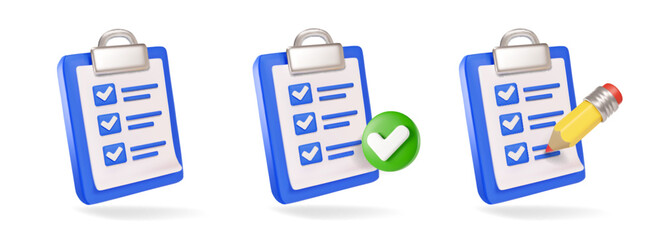 Checklist icons 3d set. Clipboard checklist or document collection. Checkmark, pencil, task management todo checklist. education or medical assignment exam Vector illustration