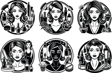Elegant Vintage Beauty Icons Six Retro-Style Illustrations of Women with Cosmetics. Diverse Beauty