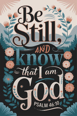Bible Wall Art with Psalm 46:10 – 'Be Still, and Know That I Am God' Typography Verse Surrounded by Floral Plants, Serene Mountain and Water Landscape Background, Inspirational Christian Decor 