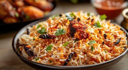 Aromatic rice dish with spiced chicken