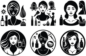 Beauty Icons Skincare, Makeup, and Haircare Illustrations. Diverse Beauty