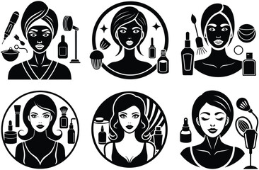 Skincare Routine Icons Black and White Illustrations of Facial Treatments and Products. Diverse Beauty
