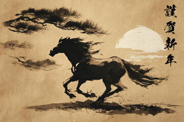 墨絵風の馬と松、和紙風背景の年賀状