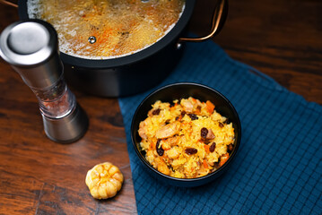 Freshly Cooked Chicken Pilaf Served in Bowl.
