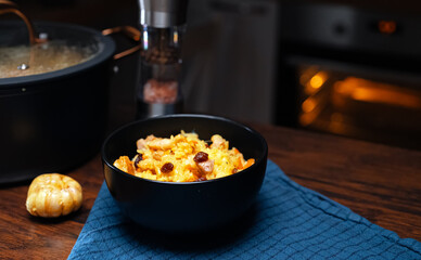 Freshly Cooked Chicken Pilaf Served in Bowl.