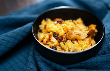 Freshly Cooked Chicken Pilaf Served in Bowl.