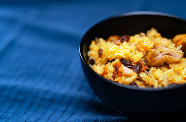Freshly Cooked Chicken Pilaf Served in Bowl.