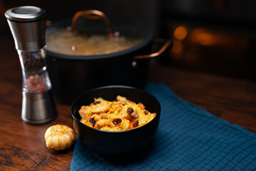Freshly Cooked Chicken Pilaf Served in Bowl.