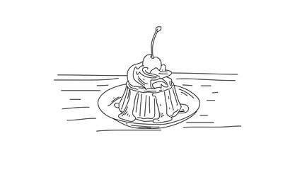 caramel flan with whipped cream in monoline art style