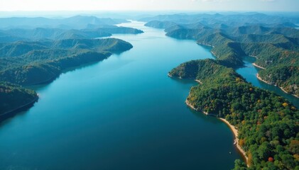 Obraz premium Abstract aerial view of lake, showing winding shoreline and islands , scenic, high angle, shoreline
