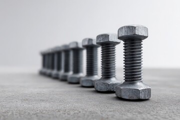 Row of steel bolts arranged with precision on a concrete surface in a workshop setting