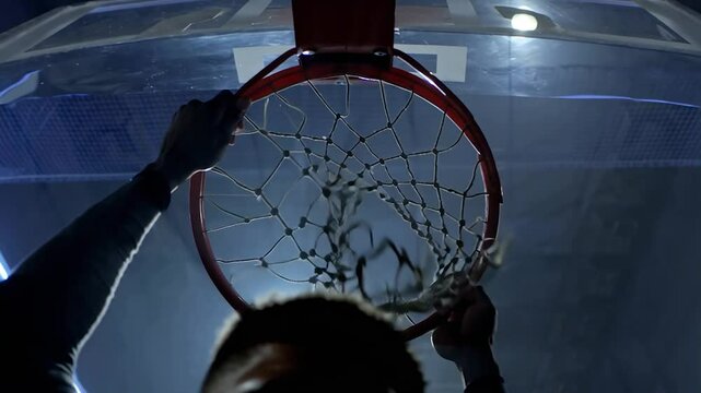 Low-angle view of a basketball hoop. A dynamic slam dunk from a powerful player, captured from beneath the rim.
