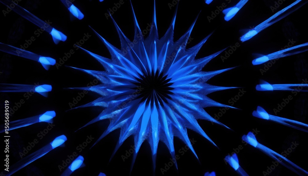 Poster geometric blue crystal starburst pattern with sharp prismatic edges on black background for digital 