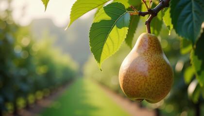Ripe pear hanging on a tree in an orchard during golden hour  