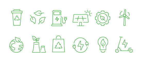 Ecology icon set. Environment, renewable natural energy. Sustainability, solar panels, electric scooter, wind energy.
Waste cleaning and recycling concept.
Vector illustration.