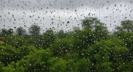 Raindrops on a window with a blurred view of green trees and an overcast sky, creating a peaceful and atmospheric scene.