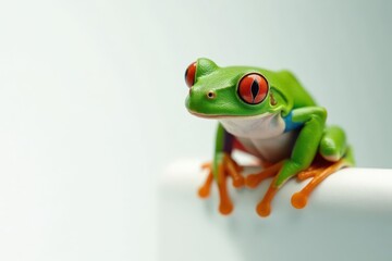 Obraz premium Green tree frog perched on white, vibrant skin, amphibian, amphibian, green frog