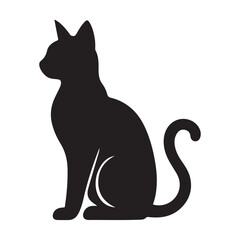 Elegant Black Cat Silhouette Sitting Upright with Curved Tail on Plain Background

