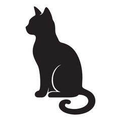 Simple Black Sitting Cat Silhouette with Curled Tail in Elegant Minimal Style on White Background