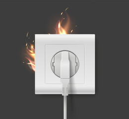 Short circuit in socket with flames and sparks due overloaded wiring. Accident with home power cable. Realistic wire plug. Electricity outlet in fire. Surge shock. Vector 3D object