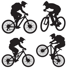Mountain Bike Riders Silhouettes on Mountain Trails, Silhouette of Cyclists in Various Riding Positions, Silhouette Cyclist Collection Various Riding Positions
