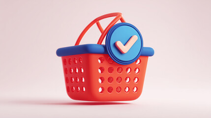 Fototapeta premium 3d red shopping basket with check mark icon – ideal for e-commerce websites, online shopping apps, marketing promotions, or retail infographics 