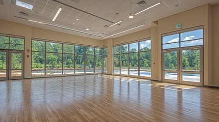 Spacious community center interior with large windows overlooking park and pool