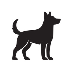 Bold Black Dog Silhouette Standing Alert with Perked Ears and Wagging Tail on White Background
