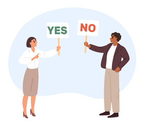 Man and woman holding placards with words Yes and No. Opposition of sexes. Approve or reject. Genders misunderstanding. Couple disagreement. People with opposite decisions. Vector concept