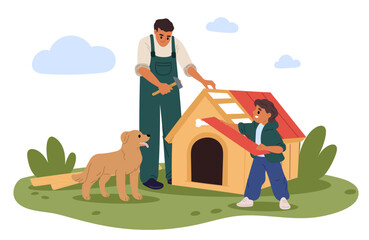 Man and boy build wooden house for pet. Dog home construction. Family building puppies booth. Doggy kennel. Backyard doghouse. Canine mammal cabin. Comfort hound dwelling. Vector concept