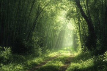 Obraz premium Serene bamboo forest with dappled sunlight and a tranquil feel.