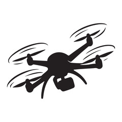 Drone Silhouette with Camera – Quadrocopter Icon Vector Isolated on White

