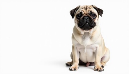 Obraz premium Adorable pug dog sits, isolated on white background, closeup, funny