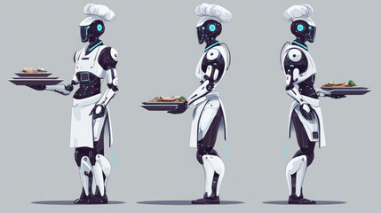 A serving tray is held by a robot chef. cooking apparatus. innovation in AI. cutting-edge technologies. A cyborg bringing food. A waiter that operates automatically. apron and cook's hat. 
