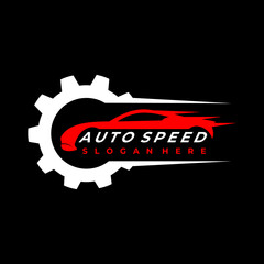 Car Speed service logo design. car garage logo. Car with gear logo design icon