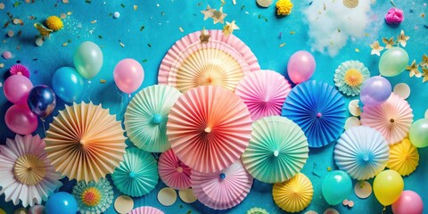 A vibrant blue background adorned with pastel-colored paper umbrellas and balloons, creating a whimsical and festive atmosphere.