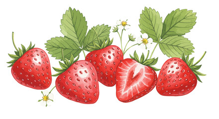 Watercolor Illustration Of Fresh Strawberries With Leaves And Blossoms On A White Background