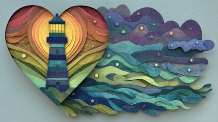 Heart-Shaped Lighthouse with Colorful Waves in Artistic Design
